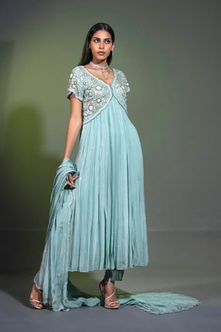 Sage blue Anarkali with Pants and Dupatta