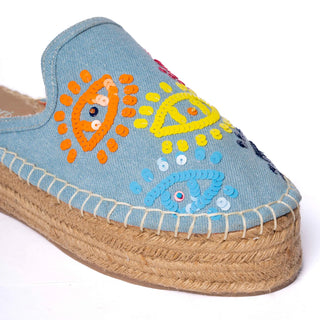 Joie Evil Eye Espadrilles Denim Platforms