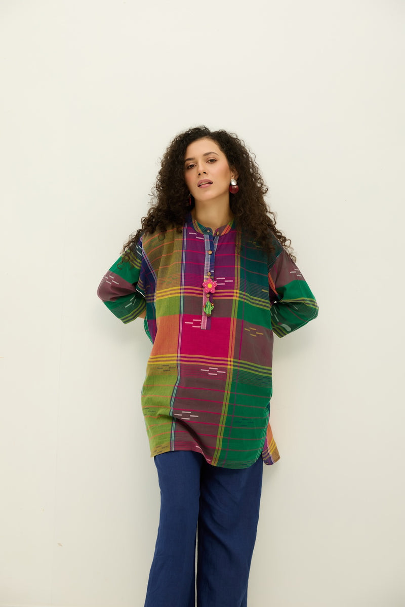 Kaleida Pop Jamdani Kurta & Linen Pants Set