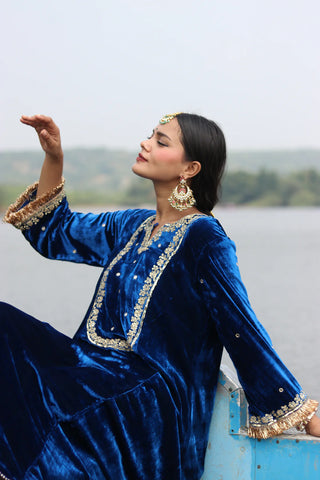 Royal Blue Silk Velvet Suit with Etheral Tissue Dupatta