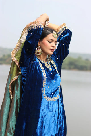 Royal Blue Silk Velvet Suit with Etheral Tissue Dupatta