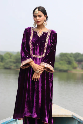 Wine Silk Velvet Suit With Etheral Tissue Dupatta