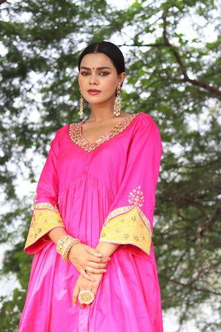 Hot Pink Silk Gathered Anarkali With Zari Tissue Dupatta