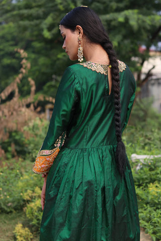 Green Silk Gathered Anarkali With Zari Tissue Dupatta