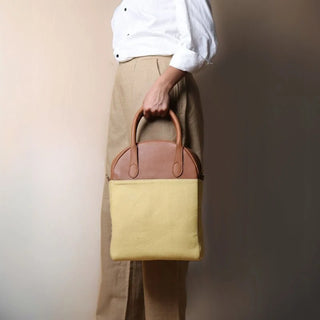 Yellow Canvas and Tan Leather Top Handle Shoulder Handbag: Zorah