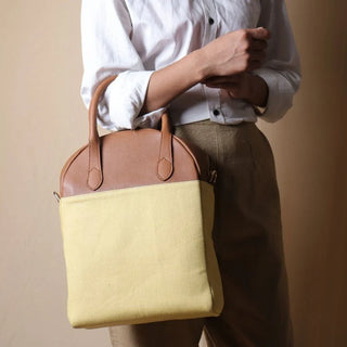 Yellow Canvas and Tan Leather Top Handle Shoulder Handbag: Zorah