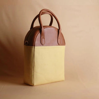 Yellow Canvas and Tan Leather Top Handle Shoulder Handbag: Zorah