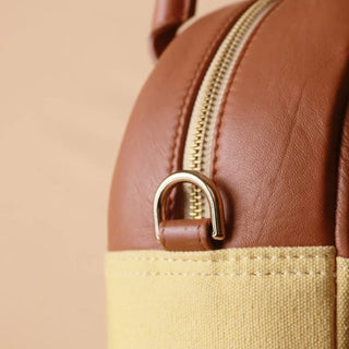 Yellow Canvas and Tan Leather Top Handle Shoulder Handbag: Zorah