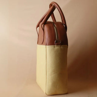 Yellow Canvas and Tan Leather Top Handle Shoulder Handbag: Zorah
