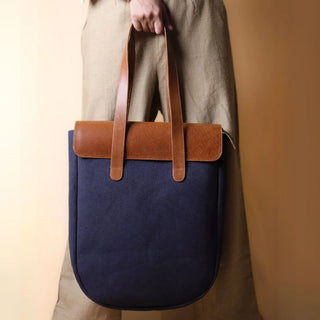 Deep Blue Canvas and Tan Leather Shoulder Tote Bag: Zaira