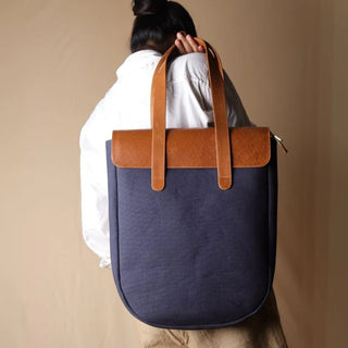 Deep Blue Canvas and Tan Leather Shoulder Tote Bag: Zaira