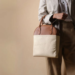 Off-White Canvas & Tan Leather Top Handle Shoulder Handbag: Zorah