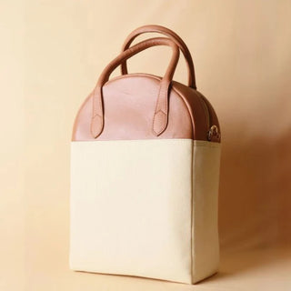 Off-White Canvas & Tan Leather Top Handle Shoulder Handbag: Zorah
