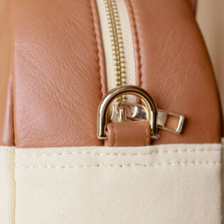 Off-White Canvas & Tan Leather Top Handle Shoulder Handbag: Zorah