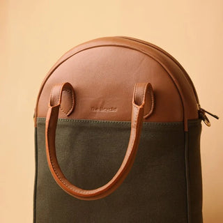 Canvas and Leather Shoulder Bag: Zora in Tan and Dark Green