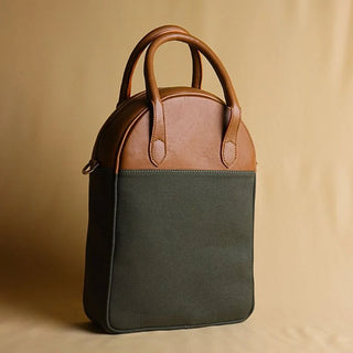 Canvas and Leather Shoulder Bag: Zora in Tan and Dark Green