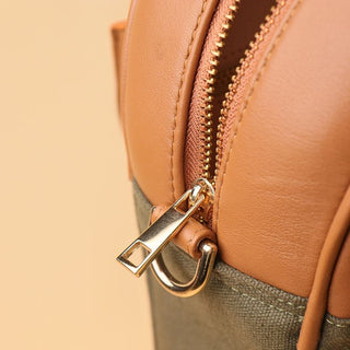 Canvas and Leather Shoulder Bag: Zora in Tan and Dark Green