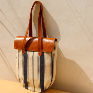 Stripe Canvas and Tan Leather Shoulder Tote Bag: Zaira