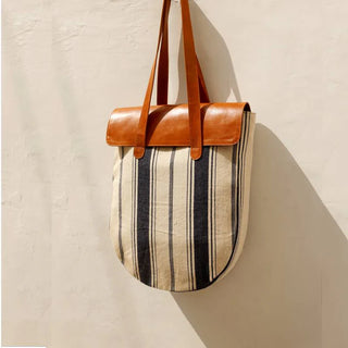 Stripe Canvas and Tan Leather Shoulder Tote Bag: Zaira