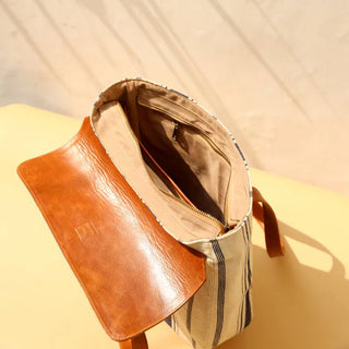 Stripe Canvas and Tan Leather Shoulder Tote Bag: Zaira